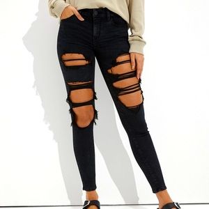 American Eagle, AE Forever Soft Black Ripped Jegging, 0 Short